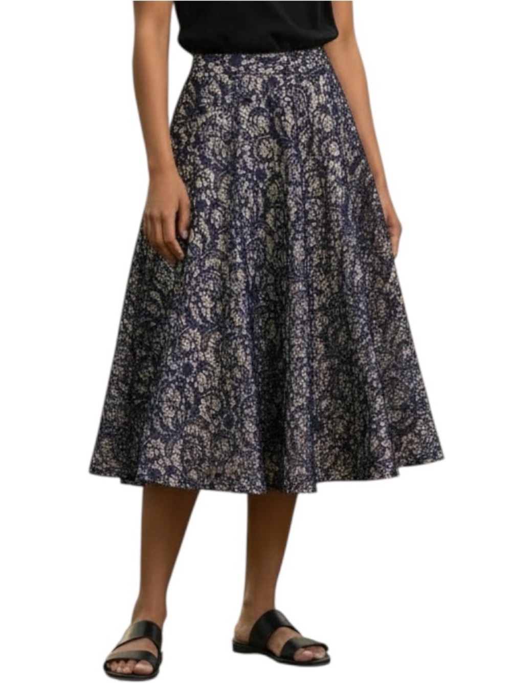 Francesca’s Slip Skirt Sz L Navy Beige Lace Overlay Floral Midi Cocktail Party
